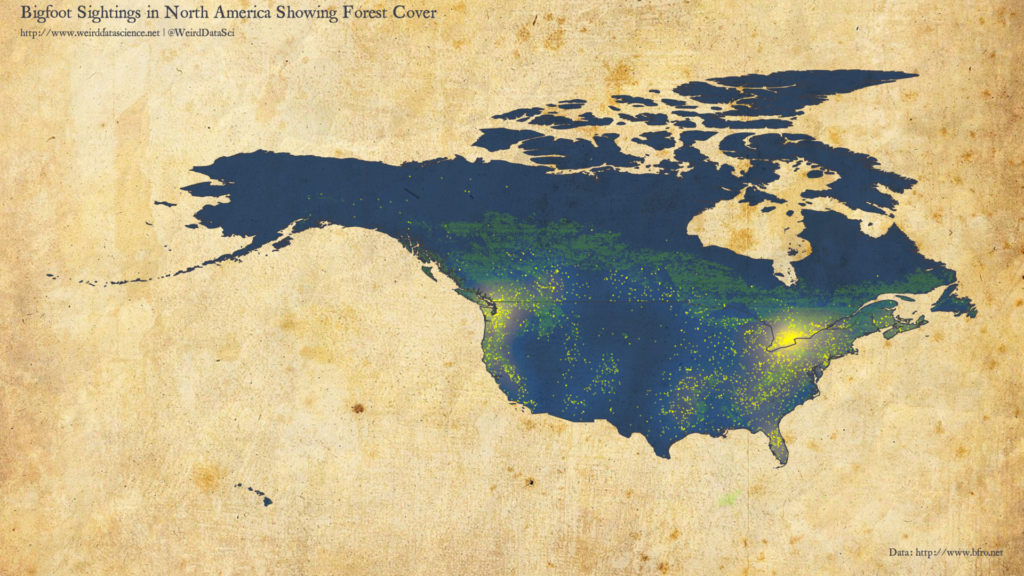 Density plot of Bigfoot sightings showing forest cover